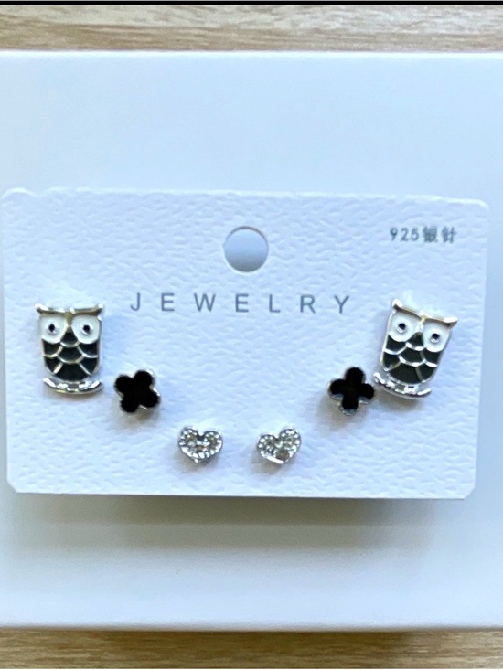 Unbranded Jewelry - 925 Sterling Silver Owl, Black Clover & Heart Earring Set - 3 Pairs